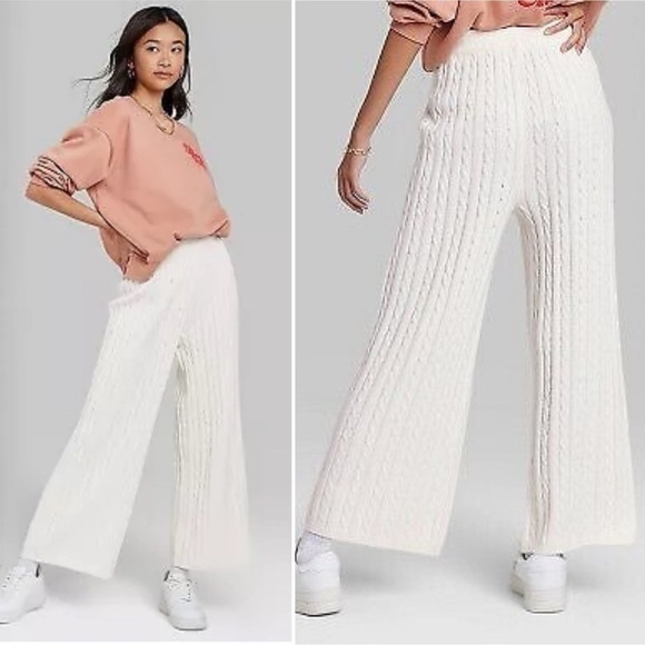 ASCOT+HART Wide Leg Graphic Yarn Knit Sweater Pants Off-White Women’s Size Large - Picture 2 of 15